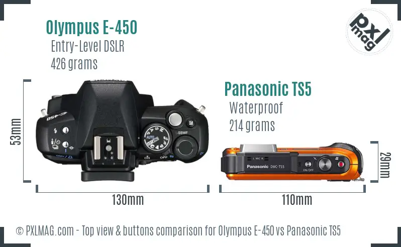 Olympus E-450 vs Panasonic TS5 top view buttons comparison