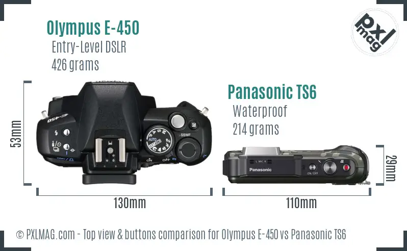 Olympus E-450 vs Panasonic TS6 top view buttons comparison