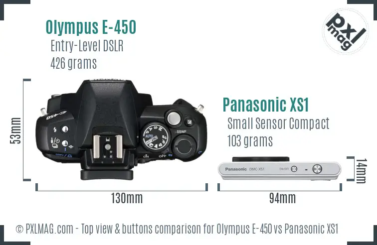 Olympus E-450 vs Panasonic XS1 top view buttons comparison
