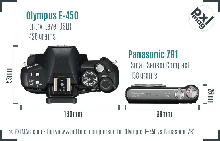 Olympus E-450 vs Panasonic ZR1 top view buttons comparison