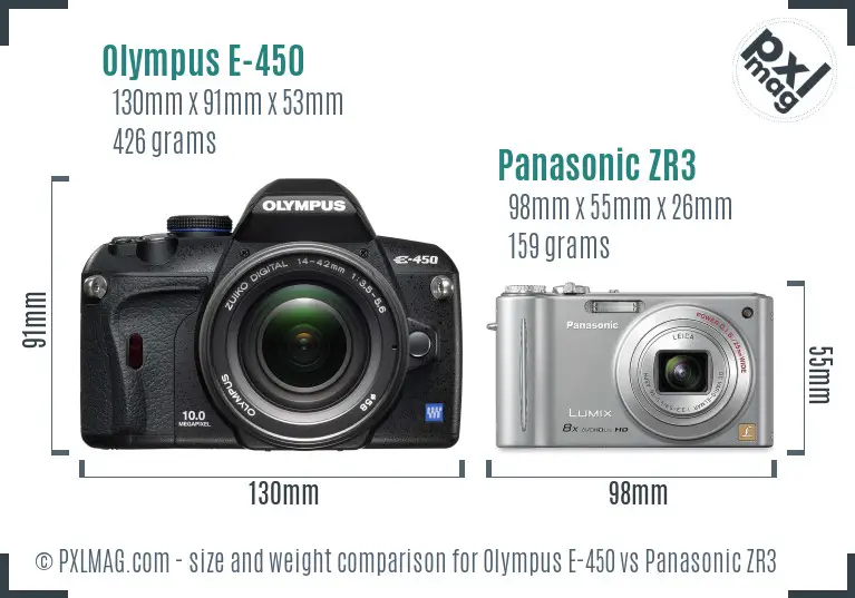 Olympus E-450 vs Panasonic ZR3 size comparison