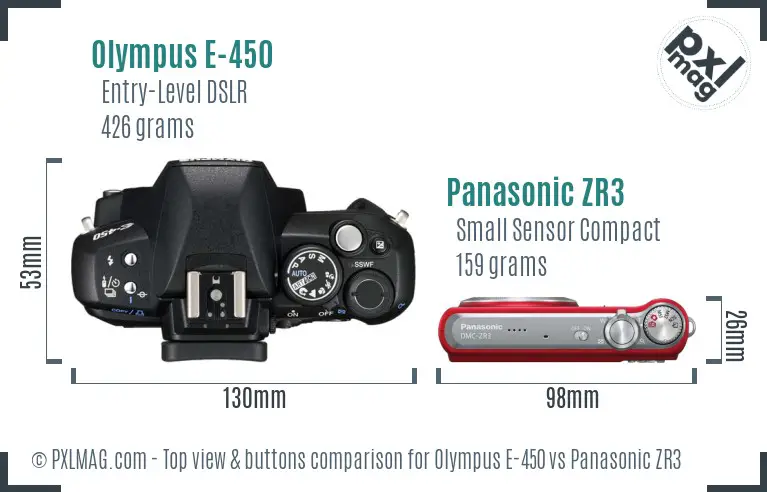 Olympus E-450 vs Panasonic ZR3 top view buttons comparison