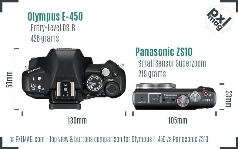 Olympus E-450 vs Panasonic ZS10 top view buttons comparison