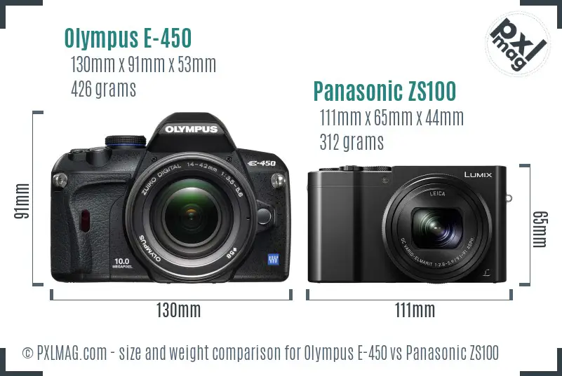 Olympus E-450 vs Panasonic ZS100 size comparison