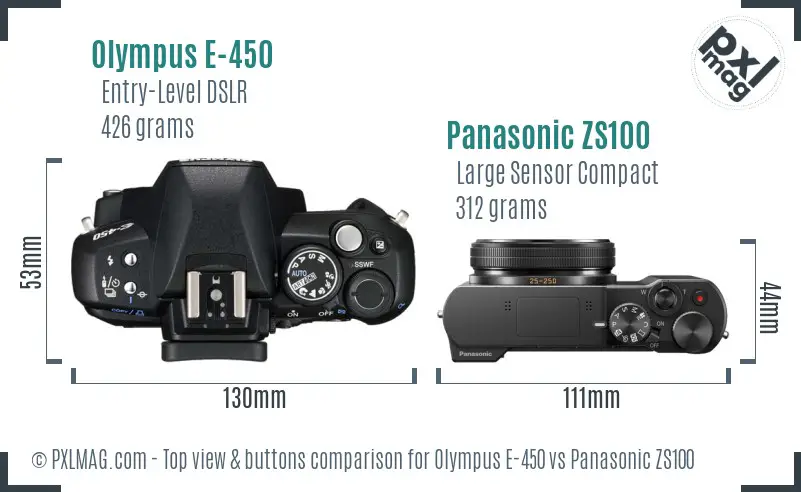 Olympus E-450 vs Panasonic ZS100 top view buttons comparison