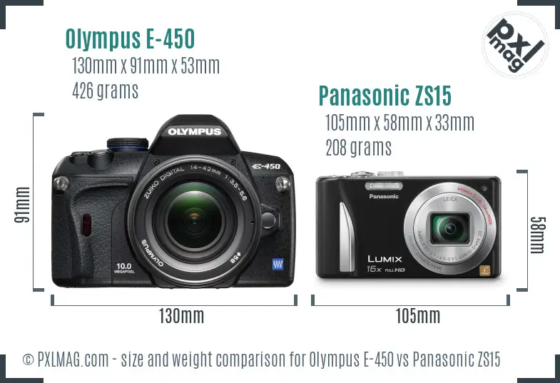 Olympus E-450 vs Panasonic ZS15 size comparison