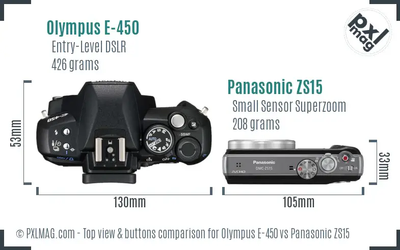 Olympus E-450 vs Panasonic ZS15 top view buttons comparison