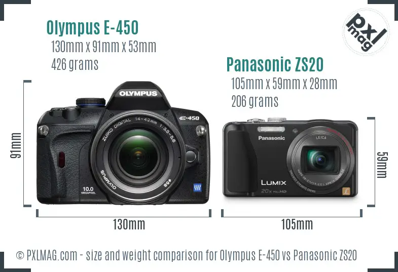 Olympus E-450 vs Panasonic ZS20 size comparison