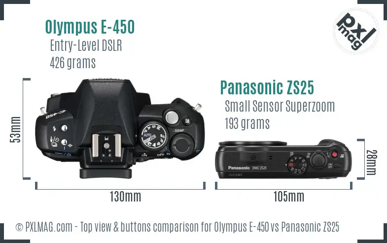 Olympus E-450 vs Panasonic ZS25 top view buttons comparison