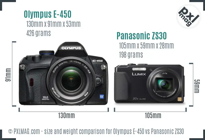 Olympus E-450 vs Panasonic ZS30 size comparison