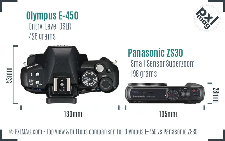 Olympus E-450 vs Panasonic ZS30 top view buttons comparison