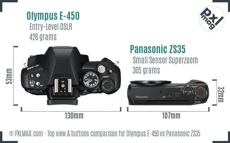 Olympus E-450 vs Panasonic ZS35 top view buttons comparison