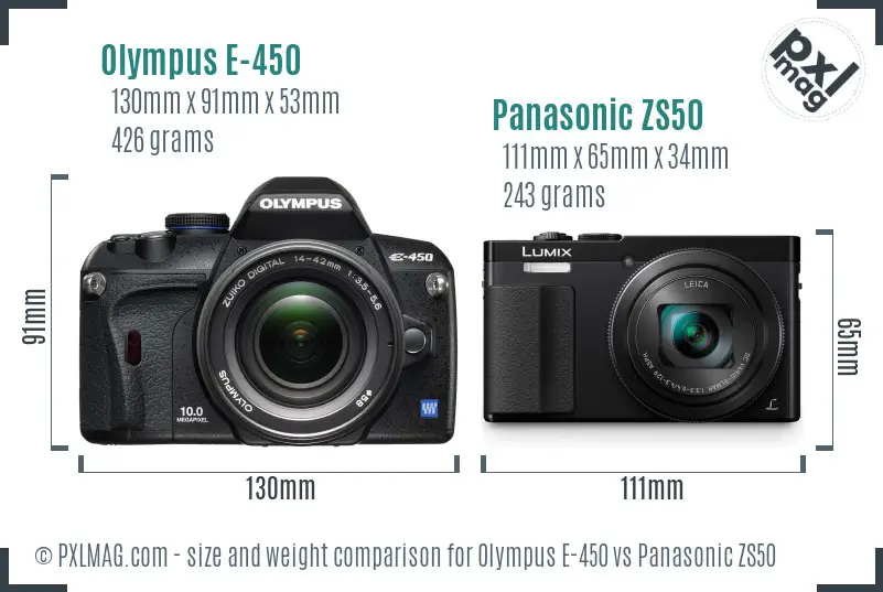 Olympus E-450 vs Panasonic ZS50 size comparison
