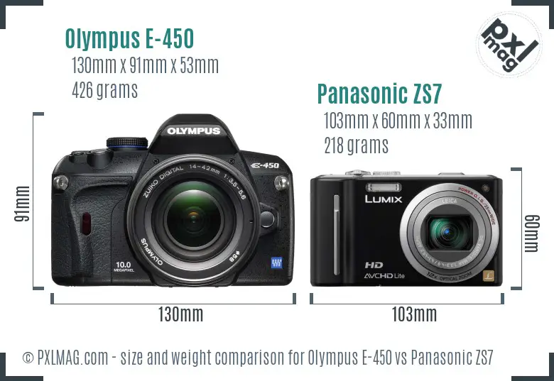 Olympus E-450 vs Panasonic ZS7 size comparison