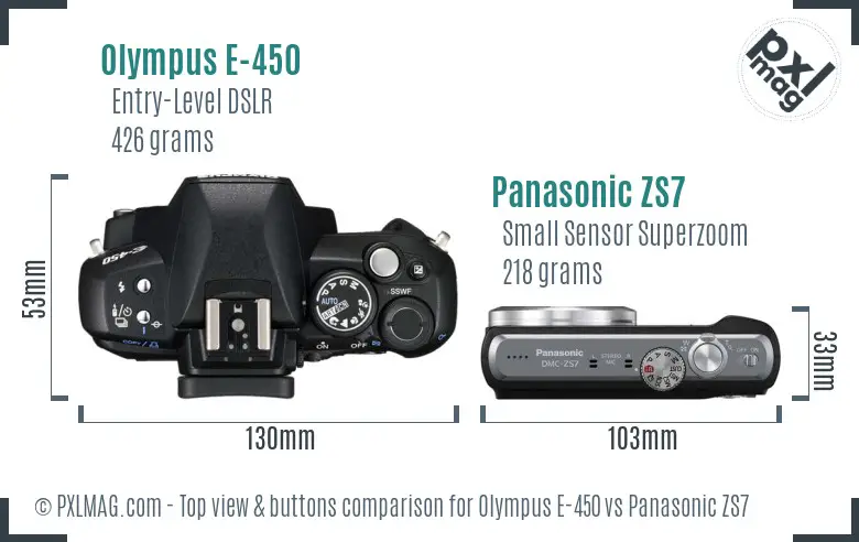 Olympus E-450 vs Panasonic ZS7 top view buttons comparison