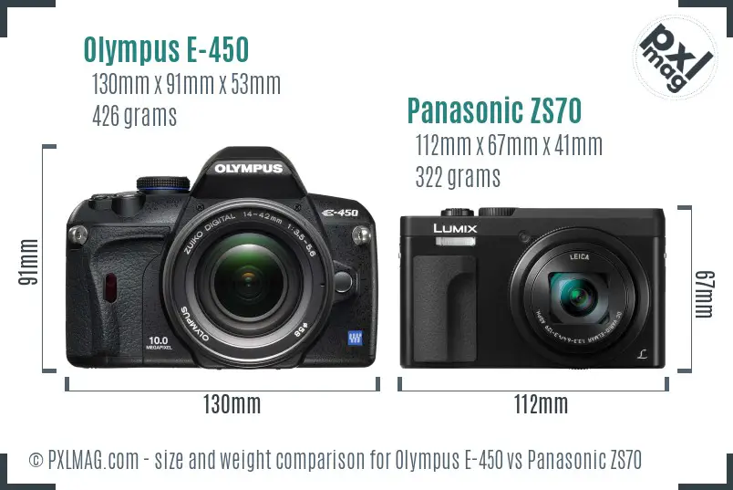 Olympus E-450 vs Panasonic ZS70 size comparison