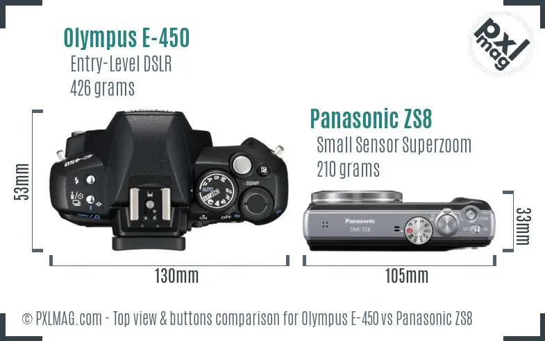 Olympus E-450 vs Panasonic ZS8 top view buttons comparison