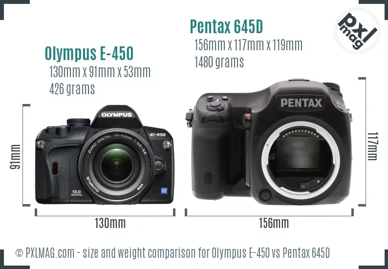 Olympus E-450 vs Pentax 645D size comparison
