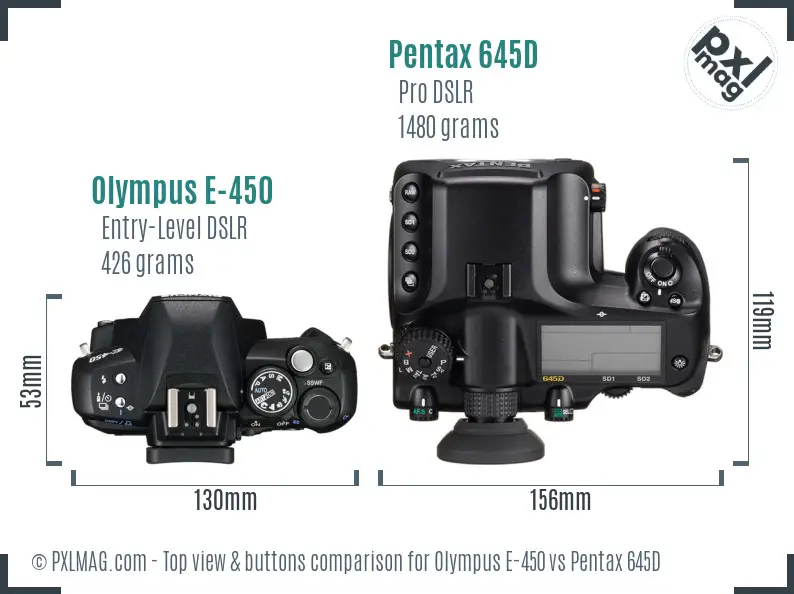 Olympus E-450 vs Pentax 645D top view buttons comparison
