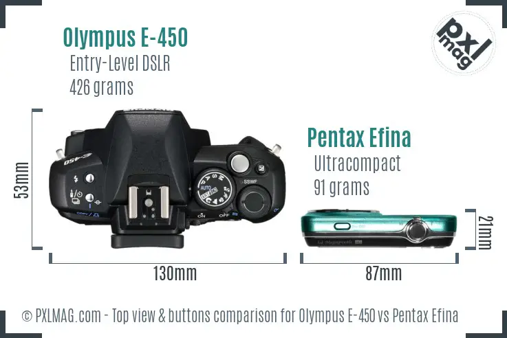 Olympus E-450 vs Pentax Efina top view buttons comparison