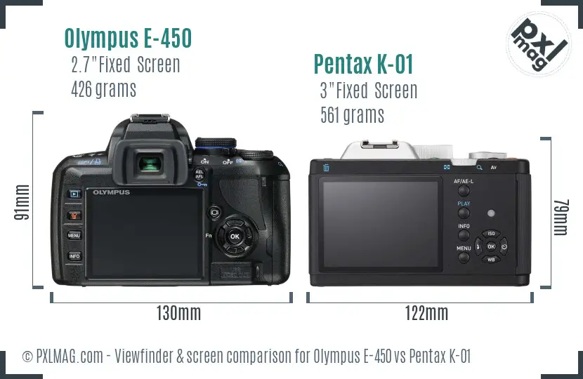 Olympus E-450 vs Pentax K-01 Screen and Viewfinder comparison