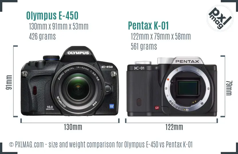Olympus E-450 vs Pentax K-01 size comparison