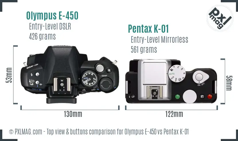 Olympus E-450 vs Pentax K-01 top view buttons comparison