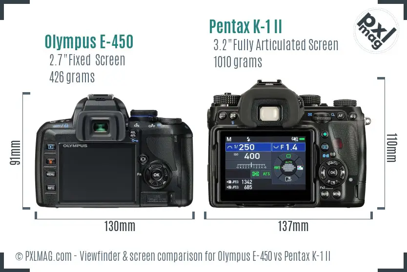 Olympus E-450 vs Pentax K-1 II Screen and Viewfinder comparison