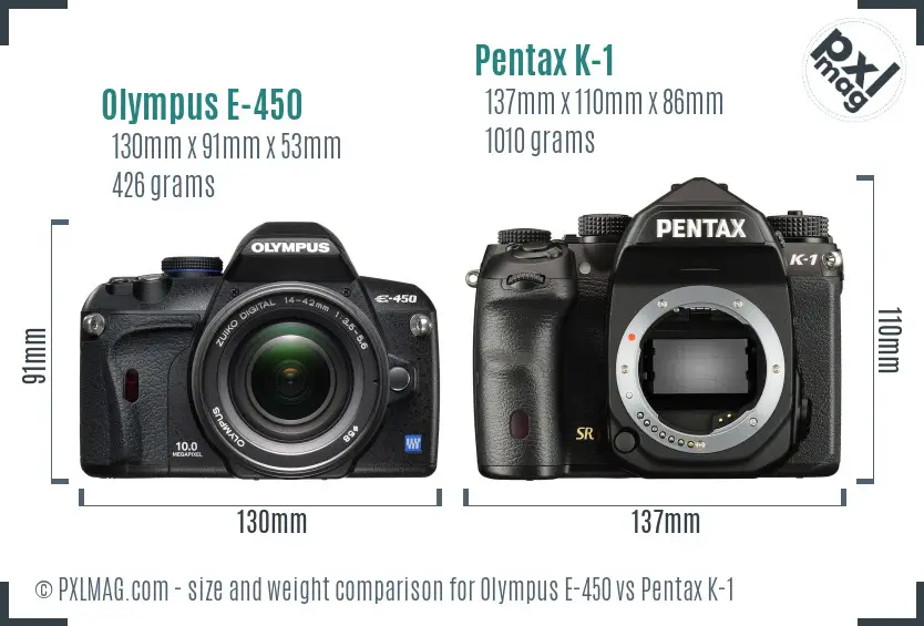 Olympus E-450 vs Pentax K-1 size comparison