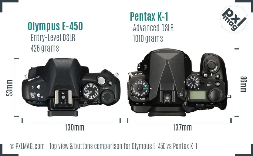 Olympus E-450 vs Pentax K-1 top view buttons comparison