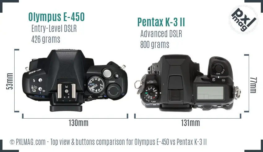 Olympus E-450 vs Pentax K-3 II top view buttons comparison
