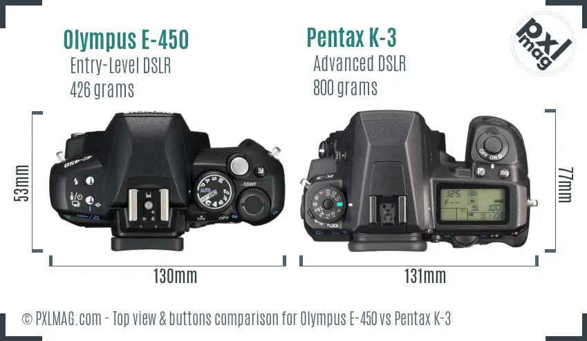 Olympus E-450 vs Pentax K-3 top view buttons comparison