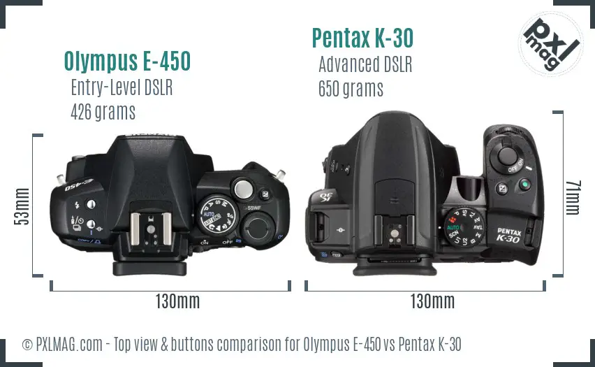 Olympus E-450 vs Pentax K-30 top view buttons comparison