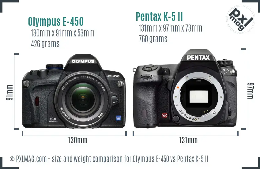 Olympus E-450 vs Pentax K-5 II size comparison