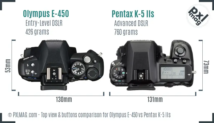 Olympus E-450 vs Pentax K-5 IIs top view buttons comparison