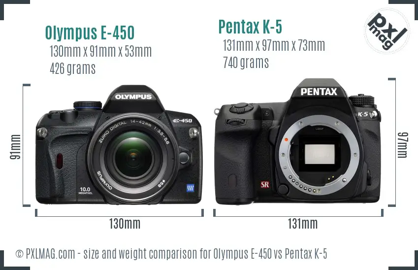 Olympus E-450 vs Pentax K-5 size comparison