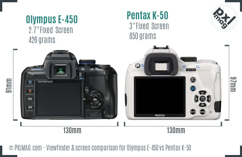 Olympus E-450 vs Pentax K-50 Screen and Viewfinder comparison