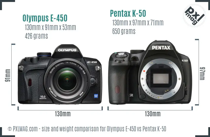 Olympus E-450 vs Pentax K-50 size comparison