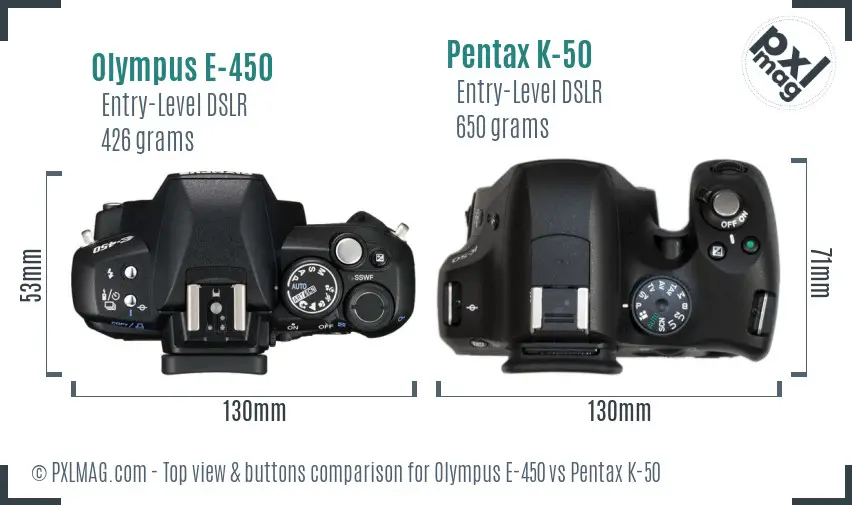 Olympus E-450 vs Pentax K-50 top view buttons comparison