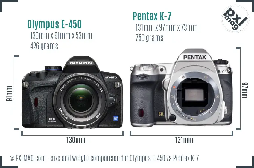 Olympus E-450 vs Pentax K-7 size comparison