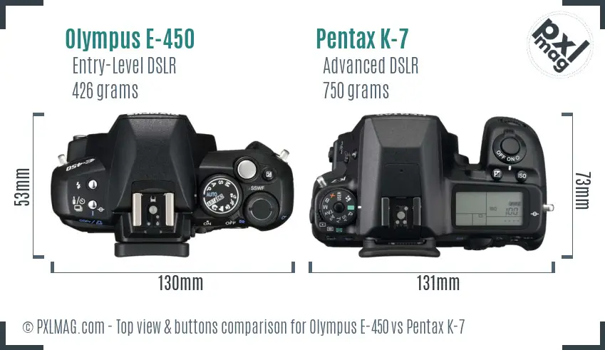 Olympus E-450 vs Pentax K-7 top view buttons comparison