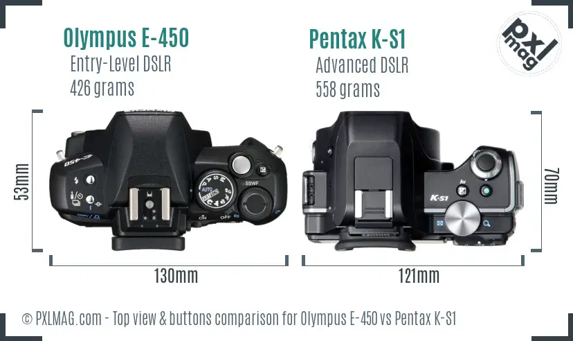 Olympus E-450 vs Pentax K-S1 top view buttons comparison