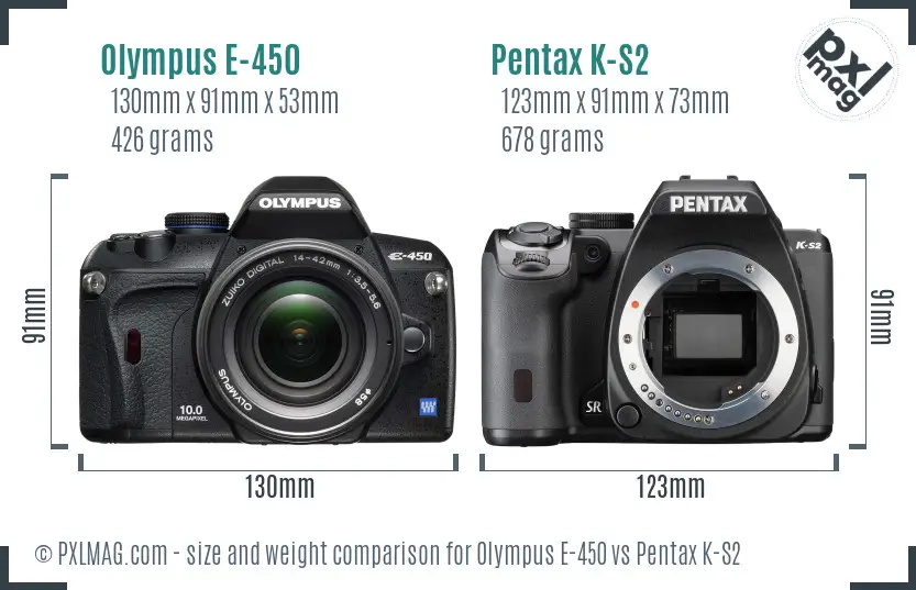 Olympus E-450 vs Pentax K-S2 size comparison