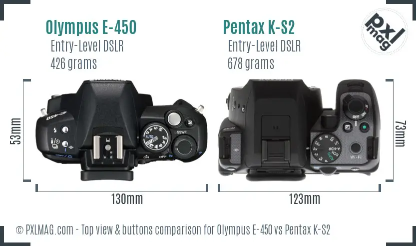 Olympus E-450 vs Pentax K-S2 top view buttons comparison