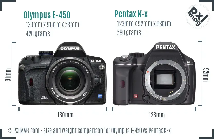 Olympus E-450 vs Pentax K-x size comparison