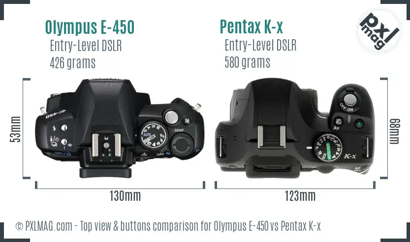 Olympus E-450 vs Pentax K-x top view buttons comparison