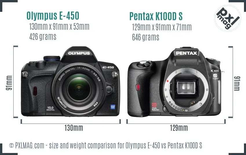 Olympus E-450 vs Pentax K100D S size comparison