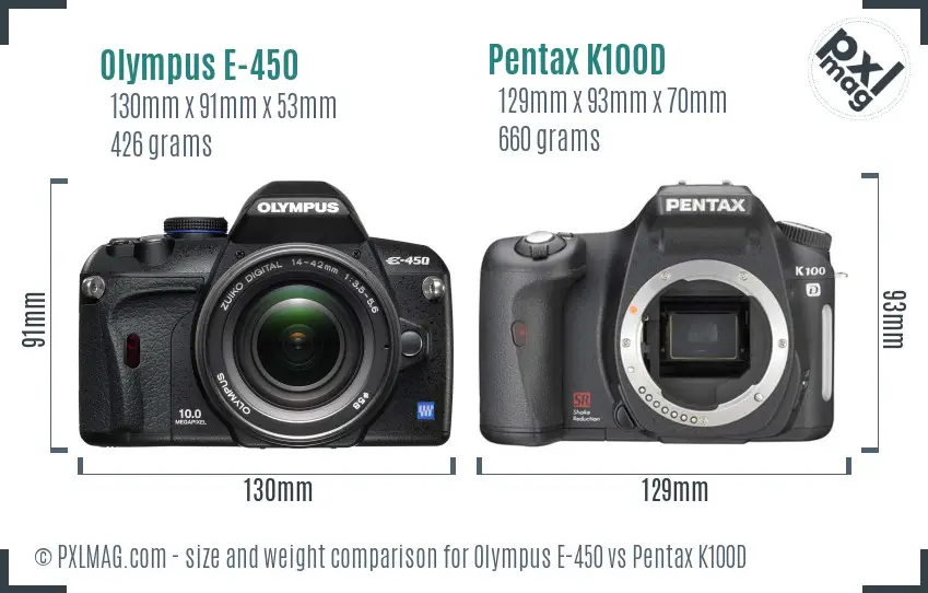 Olympus E-450 vs Pentax K100D size comparison