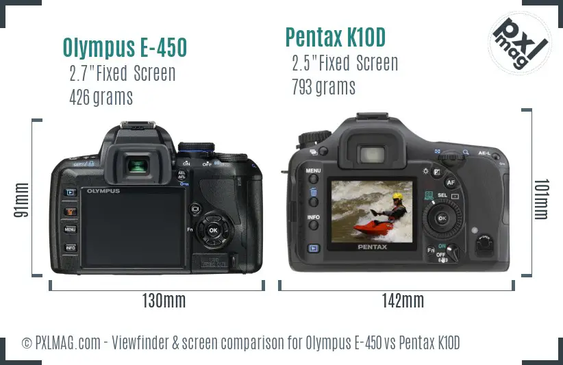 Olympus E-450 vs Pentax K10D Screen and Viewfinder comparison