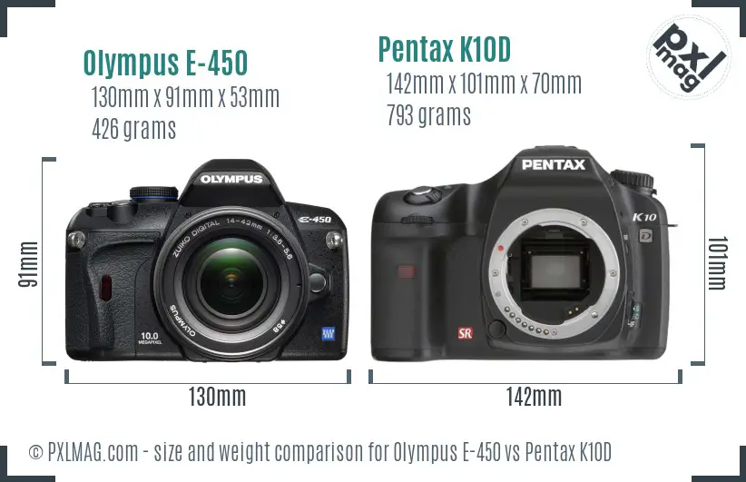 Olympus E-450 vs Pentax K10D size comparison